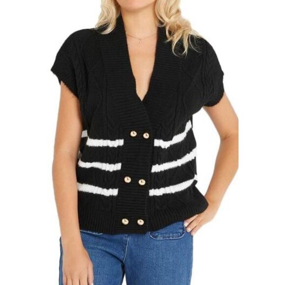Maeve By Anthro Striped Button Sweater Vest Women Medium Black Fisherman Knit - Picture 1 of 7